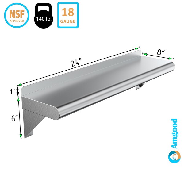 Stainless Steel Wall Shelf, 24 Long X 8 Deep